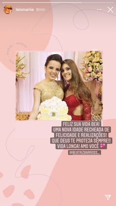 two women standing next to each other in front of a pink background with the words, feliz su via beata