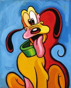 a painting of a dog with a cup in it's mouth