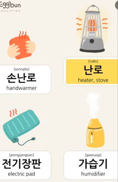 an english and korean language poster showing different types of household appliances, including toaster, electric