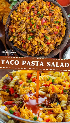 one image shows a bowl of fully mixed pasta salad, and the second shows the sauce being added to the pasta salad. Taco Salad Wrap, Pizza Hut Pasta Salad, Taco Salad With Noodles, Taco Noodle Salad, Southwest Taco Pasta Salad, Salsa Pasta Salad, Pasta Salad Recipes With Meat, Chicken Enchilada Pasta Salad, Pasta Salads With Meat