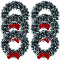 two christmas wreaths with red bows are shown in the shape of letters b and c