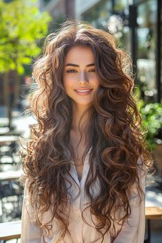 Wavy Hair Women Long, Natural Big Curls, Big Curls For Long Hair Wedding, Curly Hair Casual Styles, Sleeping With Long Hair, Long Wavy Hairstyles Natural, Bangs With Long Curly Hair, Classy Curly Hair, Brunette Curled Hair