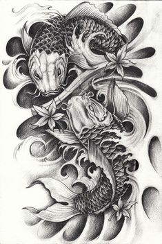 a drawing of two fish on top of each other with leaves and flowers around them