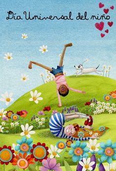 a painting of a person doing a handstand on a hill surrounded by flowers