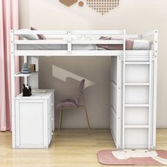 there is a white bunk bed with a desk underneath it