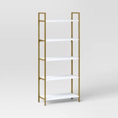 a white shelf with three shelves on each side