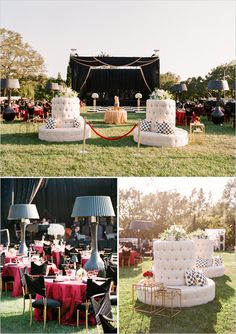 a collage of photos with couches and tables in the grass at an outdoor event