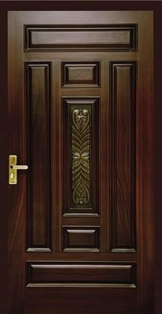 a wooden door with an ornate design on the front and side panel, in dark wood