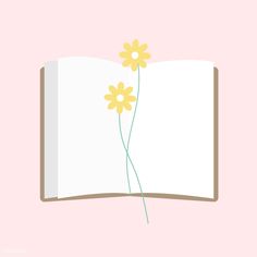 an open book with two yellow flowers sticking out of the pages, on a pink background