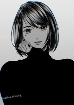 a black and white drawing of a woman with short hair, wearing a turtle neck sweater