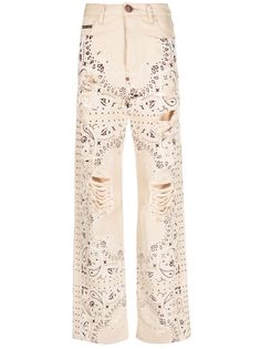 beige/black cotton paisley print ripped detailing high-waisted straight leg front button and zip fastening classic five pockets Philipp Plein Jeans, Dress Reference, Philip Plein, Denim Diy, Cotton Jeans, Women Watches, Airport Fashion, Famous Women, Philipp Plein