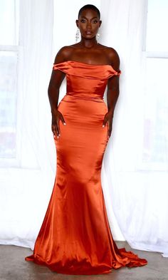 Delilah Corset Gown- Terracotta – Moda Glam Boutique Orange Prom Dress On Dark Skin, Orange Dresses Black Women, Copper Dress Outfit, Burnt Orange Prom Dress, Prom 2k22, Orange Prom Dress, Vestidos Maxi, Prom 2022, Orange Bridesmaid