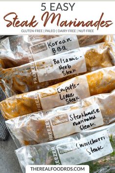 five bags of steak marinades with text overlay