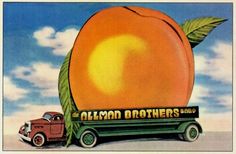 an advertisement for the allman brothers band, with a truck and large peach on it