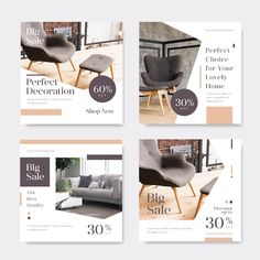 four different sales flyers with furniture and decor items on the front, back and side