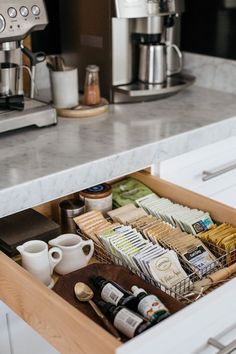 The galley kitchen is the perfect kitchen layout for the small kitchen. In a galley kitchen you will find more cabinet space. Tea Drawer, Heather Bullard, Coffee Station Kitchen, Utensil Tray, Desain Pantry, Home Coffee Stations, Kabinet Dapur, Kitchen Organisation, Coffee Bar Home