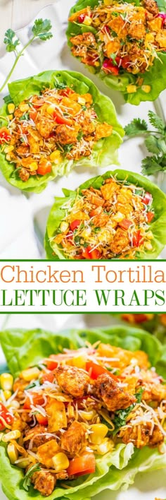 chicken tortilla lettuce wraps with shredded cheese and tomatoes on top, in green leafy wrappers