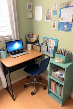 a laptop computer sitting on top of a wooden desk next to a book shelf filled with books