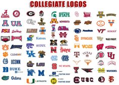 many college logos are shown in different colors and sizes, including one with the letter m