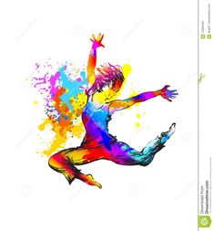 a woman is jumping in the air with colorful paint splatters on her body