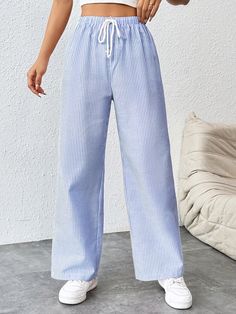 Women's Tie Waist Pinstripe Straight Leg Pants Royal Blue    Polyester Plain Wide Leg Non-Stretch  Women Clothing, size features are:Bust: ,Length: ,Sleeve Length: