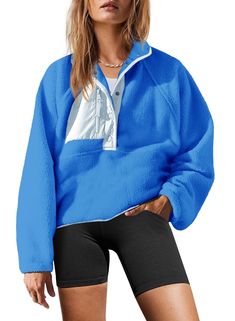 PRICES MAY VARY. Super soft fleece material, soft fluffy fleece fabric, comfortable and skin-friendly, makes you have a cute look, easy to match and wear it comfortable FASHION DEISGN: The button down sherpa pullover is very comfortable and loose to wear and you won't feel tight in it. It is made with soft fabric, nylon patches; zipper pockets; quarter-button closure, elastic cuffs, making it more comfy against the skin, can be worn next to your skin, you will never want to take it off. Features Cute Patagonia Pullover, Bright Blue Clothes, Cute Fall Fits For School, Preppy Winter Clothes, Winter Clothes Design, Best Amazon Clothes, Cute Pullovers, Fuzzy Jackets, Cute Fall Clothes