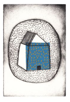 a drawing of a blue box on a white plate with polka dotes around it