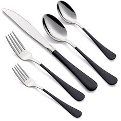 five spoons, two forks and one knife on a white surface with black handles