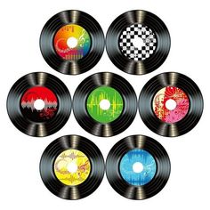 six vinyl records with different colors on them