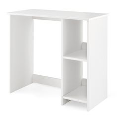 a white desk with two shelves on the bottom and one shelf below it, against a white background