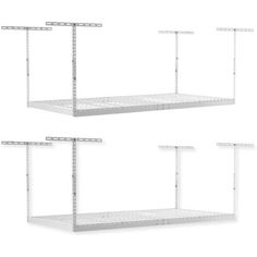 two white shelving shelves with metal brackets