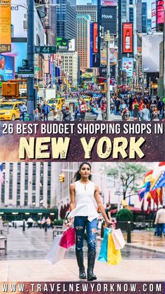 the new york city is full of shops and people walking down the street with their shopping bags