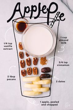 an image of apple pie ingredients on a plate with milk, nuts and cinnamons