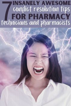 a woman with her mouth open and lightning above her head, in front of the words 7