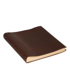 an open brown leather book on a white background