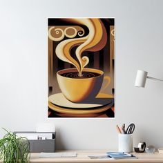 High-quality posters to hang in dorms, bedrooms or offices. Multiple sizes are available. Printed on 185gsm semi gloss poster paper. Additional sizes are available. The art deco illustration showcases a steaming cup of coffee, with bold lines and earth tones. It evokes sophistication and style, encapsulating the joy of coffee and art history. Coffee Paintings, Steaming Cup Of Coffee, Art Topics, Art Deco Coffee, Art Deco Illustration, Steaming Cup, Coffee Painting, Coffee Cup Design, Cafe Art