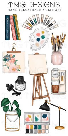 watercolor and ink art supplies are displayed on a white background with text that reads, twgp designs