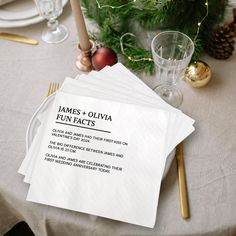 the table is set with place settings for two people to enjoy their holiday time together