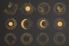 the sun, moon and stars are drawn in gold on black paper