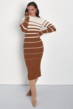 Ivory and Brown Dress - Midi Sweater Dress - Striped Dress - Lulus Sweater Dress Long, Midi Sweater Dress, Lulu Fashion, Fitted Sleeves, Favorite Boots, Kick Pleat, Falling Leaves, Sweater Dress Midi, Brown Dress