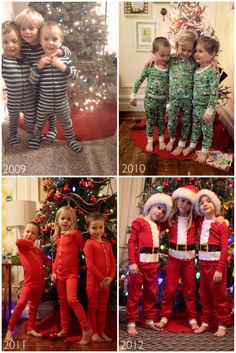 four pictures of children in matching christmas pajamas