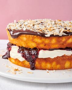 an image of a cake that is on a plate with chocolate and coconut toppings