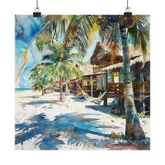 a watercolor painting of a tropical beach scene with palm trees and houses on the shore