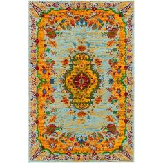 an orange and blue rug on a white background with colorful flowers in the center,