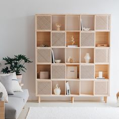 a living room filled with lots of furniture and bookshelves next to a white rug