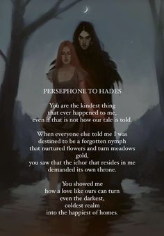 two women standing next to each other in front of trees with the words persephone to