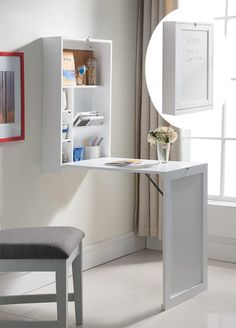 a white desk with a mirror and a chair in front of it next to a window