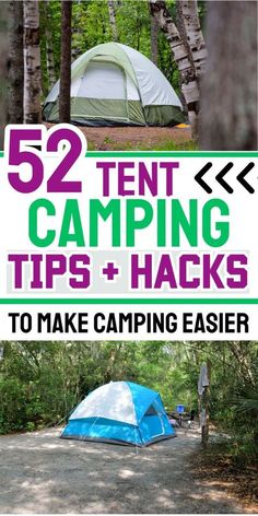 camping tips and hacks to make camping easier with tent in the woods, trees