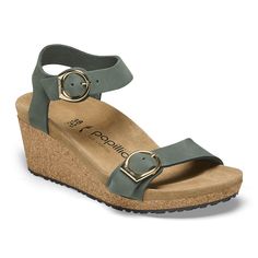 Soley Nubuck Leather Thyme | BIRKENSTOCK Birkenstock Heels, European Shoes, Calf Muscles, Fancy Shoes, Pu Heels, Wedge Heel Sandals, Leather Wedge Sandals, Nubuck Leather, Back Strap