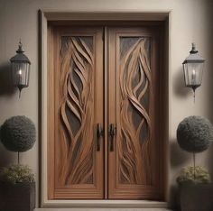 two wooden doors with decorative designs on the front and side panels, in an entry way